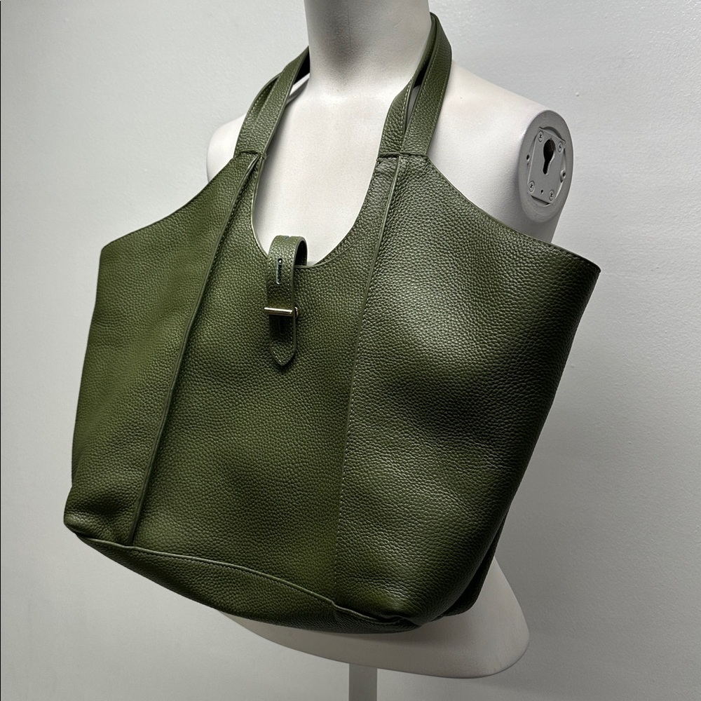 Tote Le Monde Milan Genuine Leather Tote Bag Shoulder Purse Olive Green Gold - Picture 3 of 13